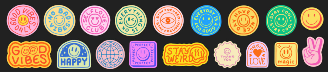 Poster - Cool Hand Drawn Stickers Vector Design. Y2k Smile Patches Retro Badges. Good Vibes Groovy Labels.