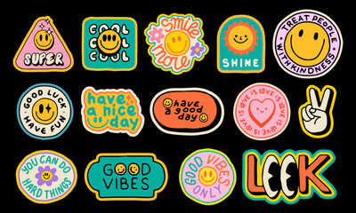 Poster - Cool Retro Hand Drawn Stickers Pop Art Style. Set Of Cool Groovy Patches Vector Design.
