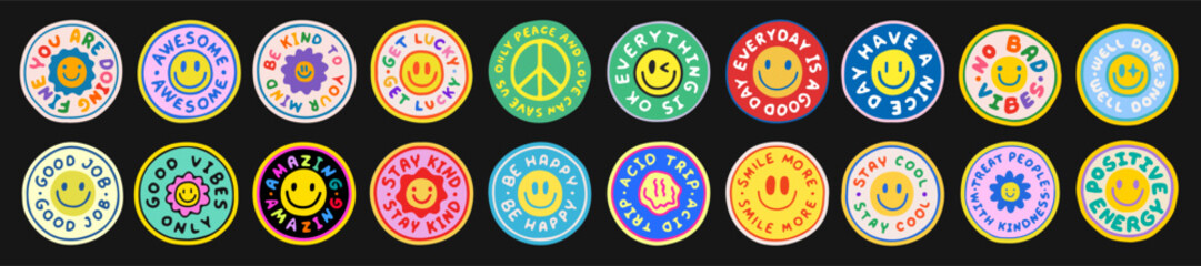 Poster - Cool Hand Drawn Groovy Retro Stickers Set. Trendy Y2k Smile Patches Vector Design. Pop Art Print Labels.