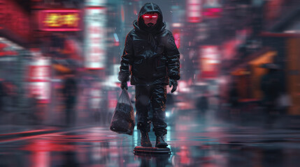 Poster - A masked hacker in sleek cyber gear, evading drones on a hoverboard, holding a holographic bag of digital coins, neon reflections on wet streets