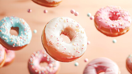 Wall Mural - Flying colorful donuts with sprinkles on peach background. National Donut Day. Copy space