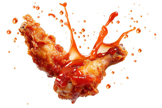 Hot and spicy chicken wings with a splash of hot sauce. PNG clear Background.