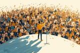 Fototapeta  - illustration of an individual standing on stage, holding up the microphone and speaking to hundreds or thousands of people in front of him. The crowd is composed of silhouettes