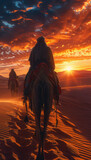 Fototapeta Na sufit - Vertical recreation of touaregs in camel in the desert at sunset	