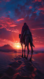 Fototapeta Na sufit - Vertical recreation of touareg in camel in the desert at sunset or dawn