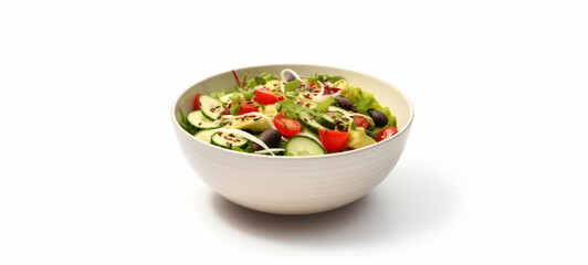 Wall Mural - Set against a pristine white studio background, a wooden bowl showcases a colorful vegetable salad composed of tomatoes, cucumbers, lettuce, onions, olives, and bell peppers.