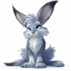 Wall Mural -   A blue-eyed rabbit in cartoon style, seated on a pristine white backdrop, gazes sadly into the camera