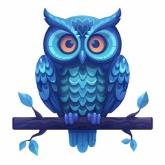 Wall Mural -   A blue owl sits on a leafy branch against a white background, its eyes wide and expressive