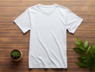 Wall Mural - Classic white t-shirt mockup, front view, on a linen background to emphasize simplicity and elegance,