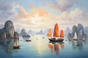 Wall Mural - Sailing boats on the sea in Halong Bay, north Vietnam. Modern art oil painting. Seascape in the style of impressionism.