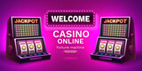 Fototapeta  - Casino 777 banner slots machine winner, jackpot fortune of luck. Vector illustration