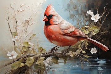 Wall Mural - Abstract Oil Painting Of Cardinal Landing In Marsh With Soft Colors. the painting depicts a white and blue bird pecking on a branch in the wild