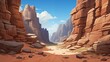 A serene rocky desert canyon with towering cliffs