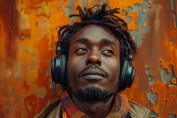 An artist with a beard and dreadlocks is happy listening to music