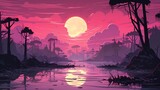 Fototapeta  - A serene mystical swamp beneath a haunting moon