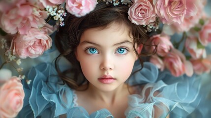 Wall Mural -   A young girl dons a blue dress and wears a wreath of pink roses before her face, her blue eyes peeking out