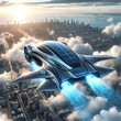 A futuristic flying machine is speeding over the city at high speed