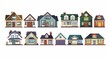 A collection of house icons depicting various residential styles including urban and suburban homes, townhouses, and cottages. Isolated vector illustration