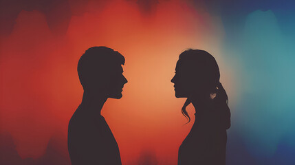 Silhouette Background of Couple Looking in Different Directions and Generative Ai

