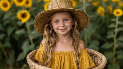 Wall Mural -   A little girl in a yellow dress and straw hat sits in a basket amidst a sunflower field