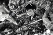 Ancient Warrior Boy Confronting Grotesque Tentacled Monster Amidst Misty Mountains In Manga Art