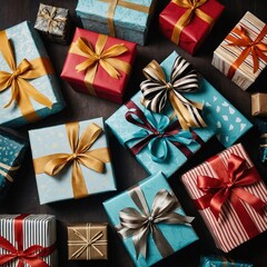 pile of gifts with stripes and ribbons