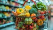 A wire shopping basket loaded with fresh, colorful food items, the blur of a grocery store setting behind, depicting a typical day of healthy food shopping