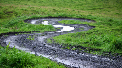 A muddy road with a grassy field in the background