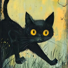 Poster - AI generated illustration of a black cat with yellow eyes in a cartoon-style