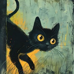 Wall Mural - AI generated illustration of a black cat with yellow eyes in a cartoon-style