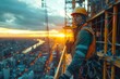 Construction worker in workwear and helmet on top of building at sunset