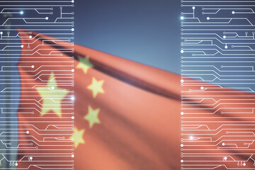 Poster - Abstract virtual micro chip hologram on Chinese flag and blue sky background, artificial intelligence and machine learning concept. Multi exposure