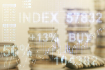 Aufkleber - Multi exposure of virtual abstract financial diagram on growing coins stacks background, banking and accounting concept