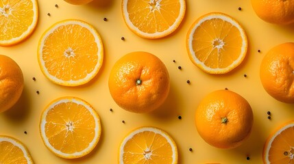 Wall Mural - Vibrant Citrus Arrangement:Sliced and Whole Oranges on Bright Background for Magazine Cover or Creative Concept