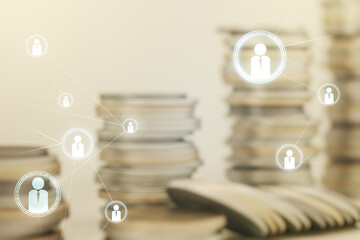 Poster - Abstract virtual social network concept on stacks of coins background. Multiexposure
