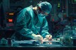 Surgeon scribbles notes on paper in dimly lit operating room