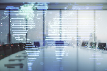 Poster - Abstract creative digital world map on a modern coworking room background, globalization concept. Multiexposure