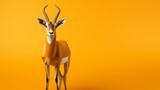 A small antelope stands gracefully on a vibrant yellow background
