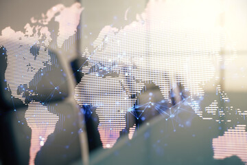 Aufkleber - Multi exposure of abstract graphic world map hologram on a modern furnished office interior background, connection and communication concept