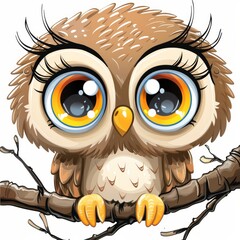 Wall Mural -   An owl perched on a branch, its large blue eyes gazing intently at the camera, a twig adorning its head