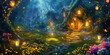 Enchanted Forest Scene with Glowing Lanterns and  Fairy Lights