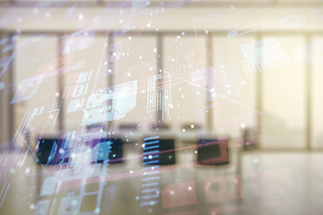 Aufkleber - Double exposure of abstract creative programming illustration on a modern boardroom background, big data and blockchain concept