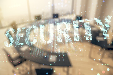 Poster - Virtual cyber security creative concept on a modern furnished office background. Double exposure