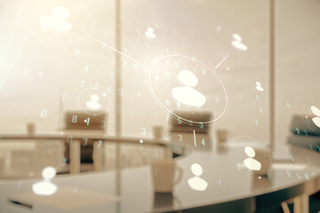 Aufkleber - Double exposure of social network icons hologram on a modern boardroom background. Networking concept