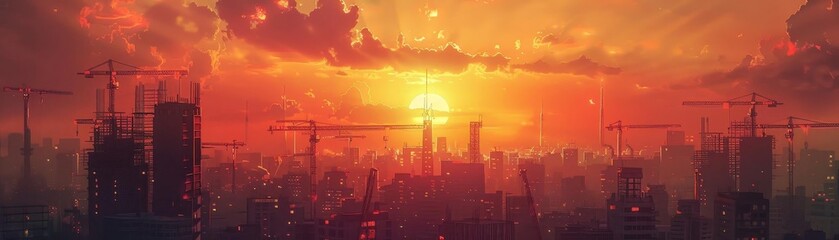 A breathtaking view of a construction site silhouetted against a vivid sunset, with towering cranes and unfinished buildings outlined by the fiery sky