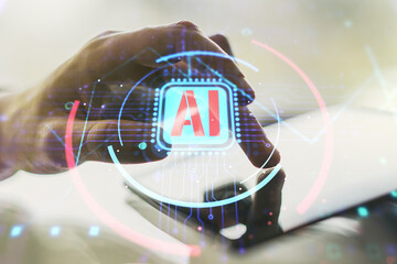 Poster - Double exposure of creative artificial Intelligence abbreviation and hand working with a digital tablet on background. Future technology and AI concept