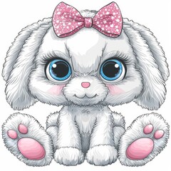 Wall Mural -   A white rabbit with blue eyes and a pink bow is seated against a pure white backdrop, gazing directly into the camera