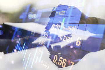 Poster - Multi exposure of abstract financial diagram and hand working with a digital tablet on background, banking and accounting concept