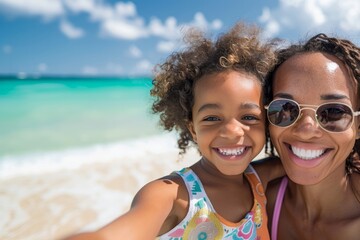 Close up portrait of Smiling black mother and beautiful daughter making selfie having fun on the beach