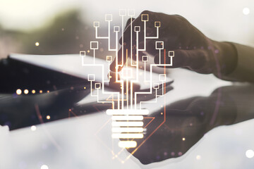 Poster - Creative light bulb with chip hologram and hand working with a digital tablet on background, artificial Intelligence and neural networks concept. Multiexposure
